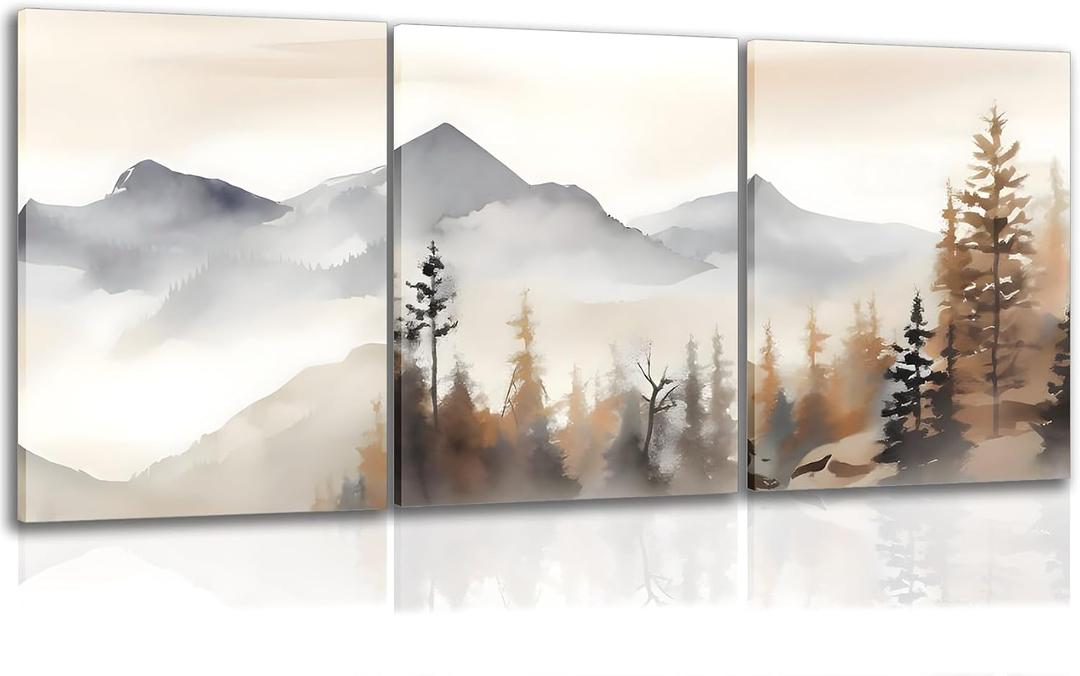 YFvrPt Neutral Mountain Wall Art Set of 3, Forest Landscape Canvas Artwork Modern Pictures Abstract Watercolor Painting Prints for Wall Decor Aesthetic, for Living Room Bedroom Framed 16x24 inch, Wrapped Canvas 16×24in