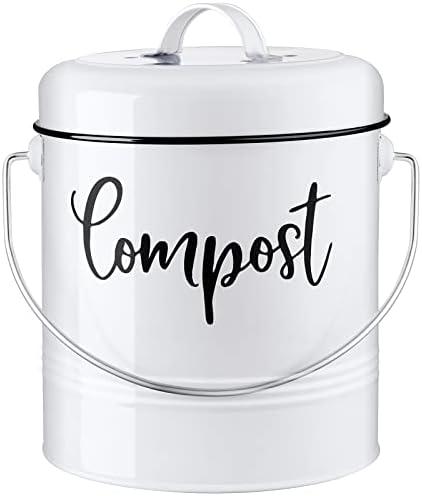 DAYYET Compost Bin Kitchen, 1.3 Gallon Farmhouse Kitchen Compost Bin Countertop, Indoor Countertop Compost Bucket with Lid and Charcoal Filters, White