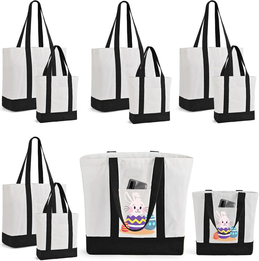 10Pcs Canvas Tote Bag Bulk with Outer Pocket, 12oz Cotton Blank Canvas Tote Bags 19 x 14.6Inch, 13 x 11Inch Reusable Grocery Bags Shopping Cloth Bags for Women, Mother's Day (5 Set Large & Medium) (Black)