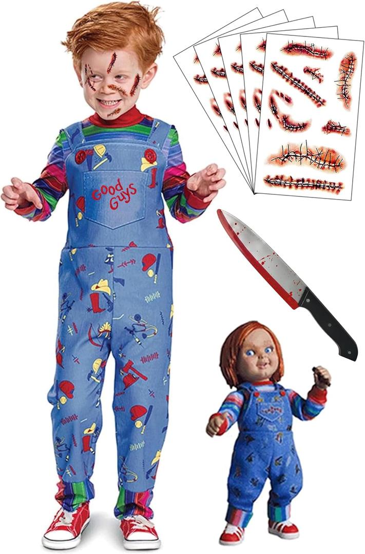 5 Sizes for 3~11Y Chucky Costume for Kids Toddler Jumpsuit Long Sleeve Rainbow Shirt Scar Tattoos Prop Knife (L Size(7-9Y,Height:45.3"-49.2"))
