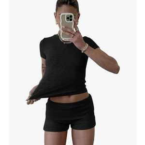 ZFLM Casual Workout Two Piece Outfits for Women Short Sleeve Crop High Waist Foldover Shorts Tracksuit Sets Streetwear Size S