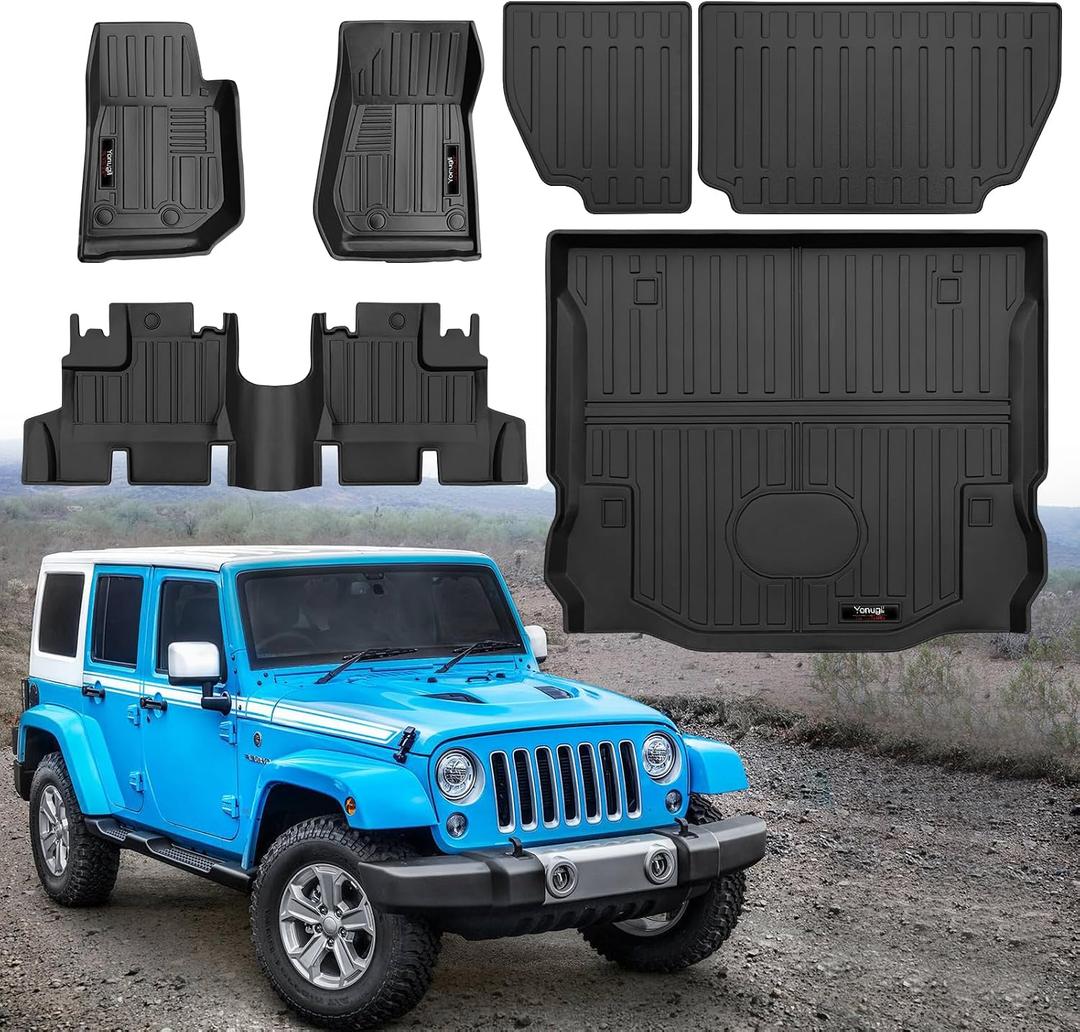 Custom Floor Mats & Cargo Trunk Liner & Backrest Mat Full Set for 2007-2018 Jeep Wrangler JK 4 Door Accessories All Weather TPE Protection Mat (for 2007-2018 Jeep Wrangler JK 4 Door Full Set)