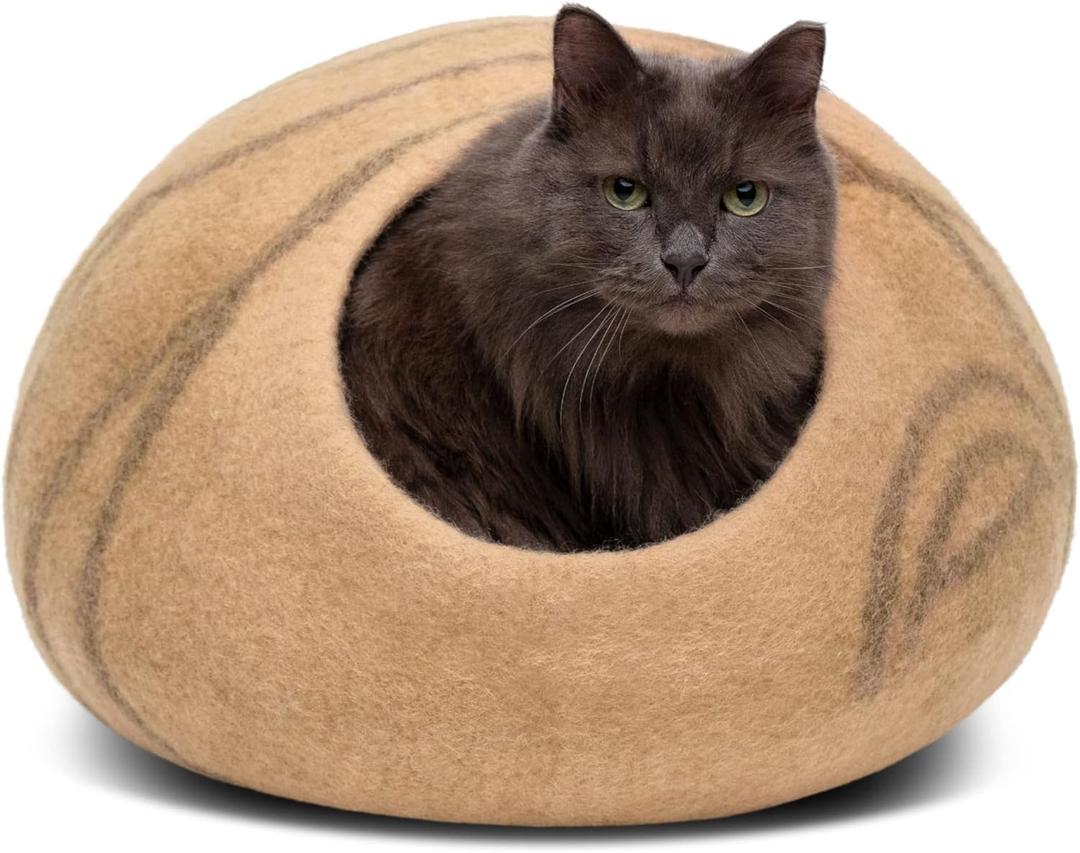 MEOWFIA Cat Cave Premium Felt Cat Bed for Indoor Cats, Handmade Merino Wool (Beige, Medium)