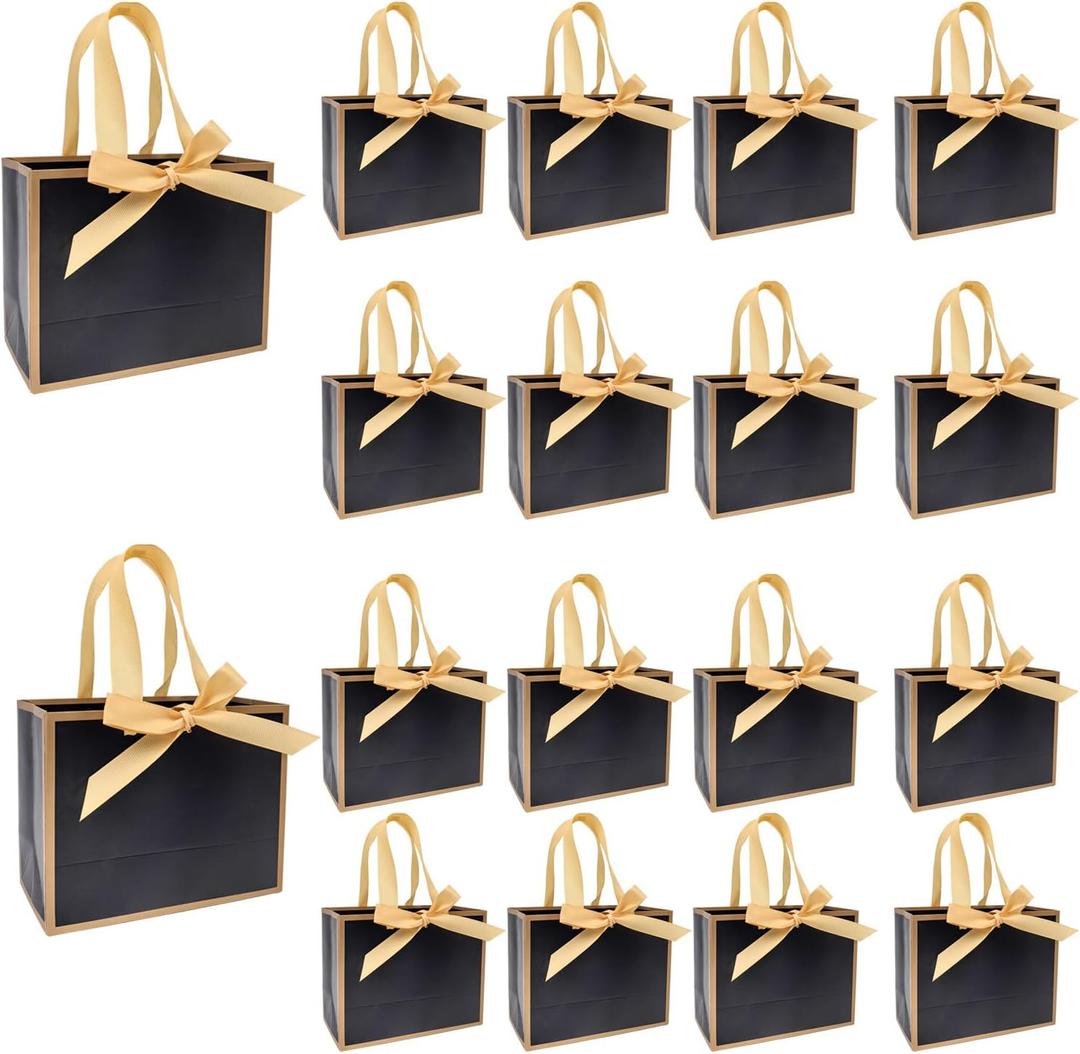 TKSBAG 50 PCS Small Black Gold Gift Bags with Bow Ribbon - 6.4x3.1x5.1 Inch Thank You Bags with Handles, Bulk for Baby Shower, Bridal Shower, Wedding, Party Favors, Thanksgiving, Christmas