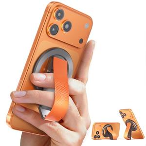 SINCEHOLY for MagSafe Phone Grip, Magnetic Phone Grip with Silicone Finger Strap & Dual-axis Adjustable Kickstand, Magnetic Phone Stand Ring Holder for Mag Safe iPhone 17-12 (Orange)
