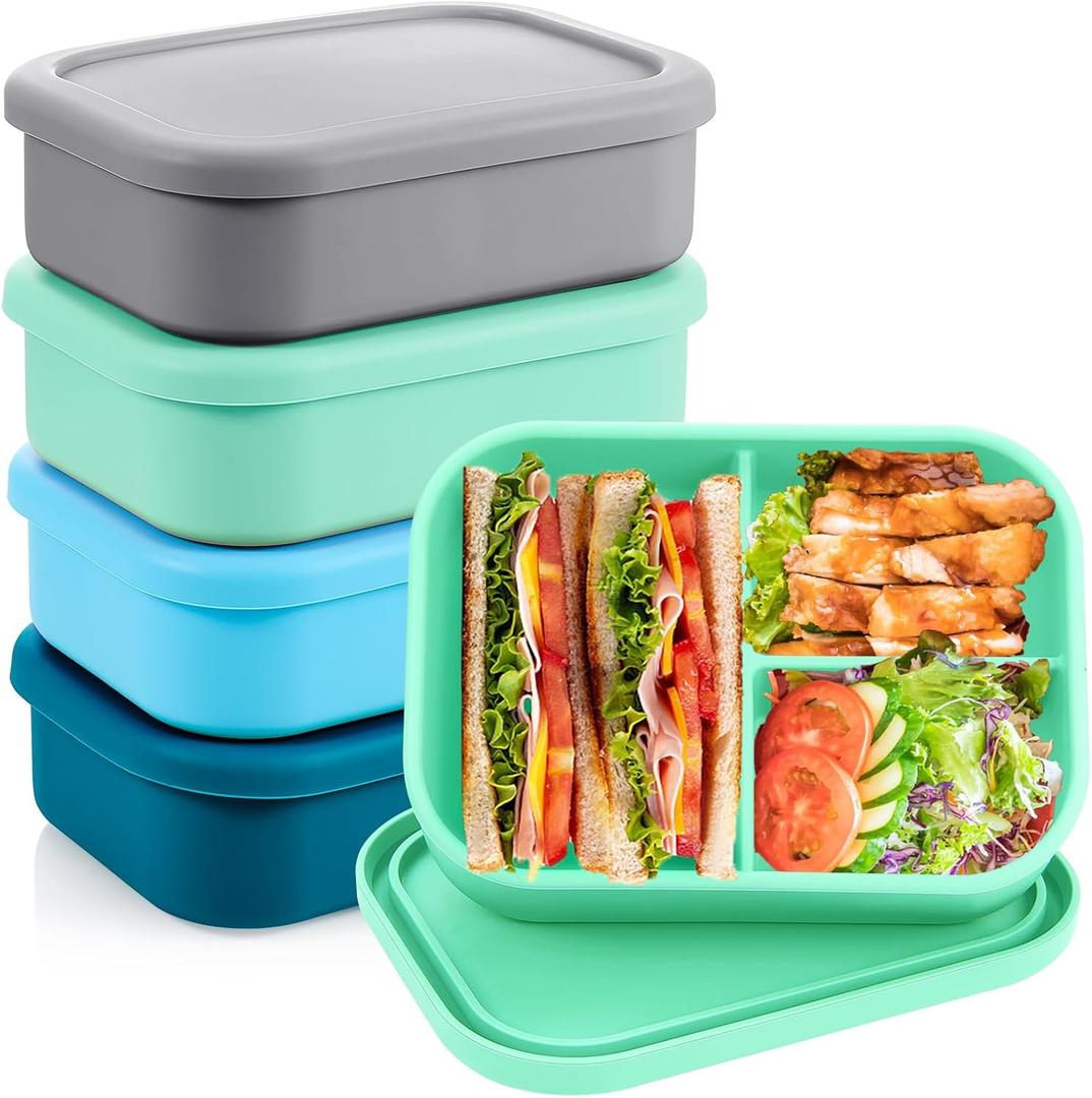 Layhit 4 Pcs Silicone Bento Box for Adults, 27 oz Bento Lunch Container Reusable 3 Compartment Lunchable Food Container for Women Men, Leak Proof Microwave Dishwasher Freezer Safe (Cool Colors)