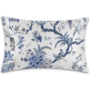 Blue White Flowers Birds Satin Pillow Case King Size,Soft Pillowcases for Hair and Skin Similar to Silk,Pillowcases with Hidden Zipper Bedding Accessories,20X36 Inches,1 Pack