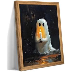 Framed Vintage Halloween Ghost Wall Art - Spooky Candle Ghost Fall Texture Pictures Wall Decor for Living Room, Kids Room, Halloween Bedroom or Party 16x24 inch