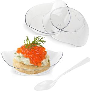 TOFLEN 100ct Mini Dessert Plates with Tasting Spoons, 3-1/8 x 2-5/8 Inches Small Reusable Clear Plastic Party Serving Hors D'oeuvres Plates for Appetizers (Leaf Shape)
