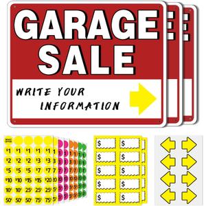 5Pcs Garage Sale Sign Kits, 14" x 10" Double-Sided Plastic Garage Sale Signs, 280 Multi-Color Pricing Stickers,Directional Arrows & Neon Stickers, Yard Garage Sale Supplies,Weather-Proof
