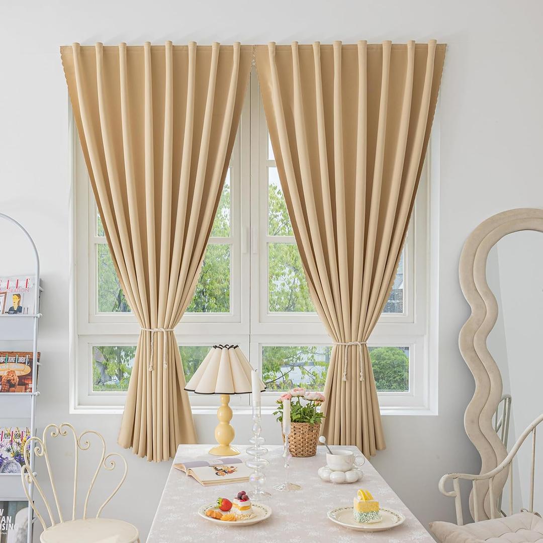 Magic Tape Stick on Curtains Blackout Curtains for Bedroom no Drillng Self Adhesive Curtain no Rod Small Window (Beige, 47" W x 59" L) 2 Panels