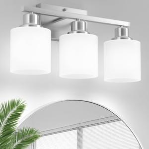 Bathroom Lighting Fixtures Over Mirror Brushed Nickel, Rustproof 3-Light Bathroom Vanity Light 18Inches, E26 Base Wall Sconce, Milky White Glass Shades, Bulbs Not Included