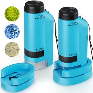 Portable Microscope for Kids Zoom 60x-180x,Handheld Mini Microscope Toy,STEM&Science Toys,LED Pocket,Little Scientist Microscopes with 12pcs Slides,Gift for 6,7,8,9,10+ Girls Boys2PCS Blue