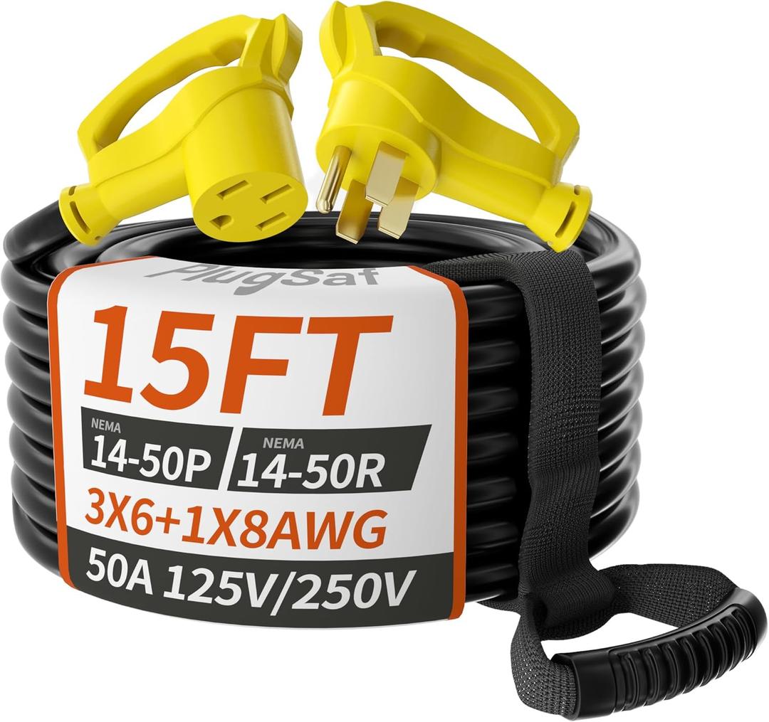15 FT 50 Amp RV/EV Extension Cord Outdoor with Grip Handle, 4 Prong Flexible Heavy Duty 6/3+8/1 Gauge STW RV Power Cord Waterproof, NEMA 14-50P to 14-50R, Black-Yellow, ETL Listed