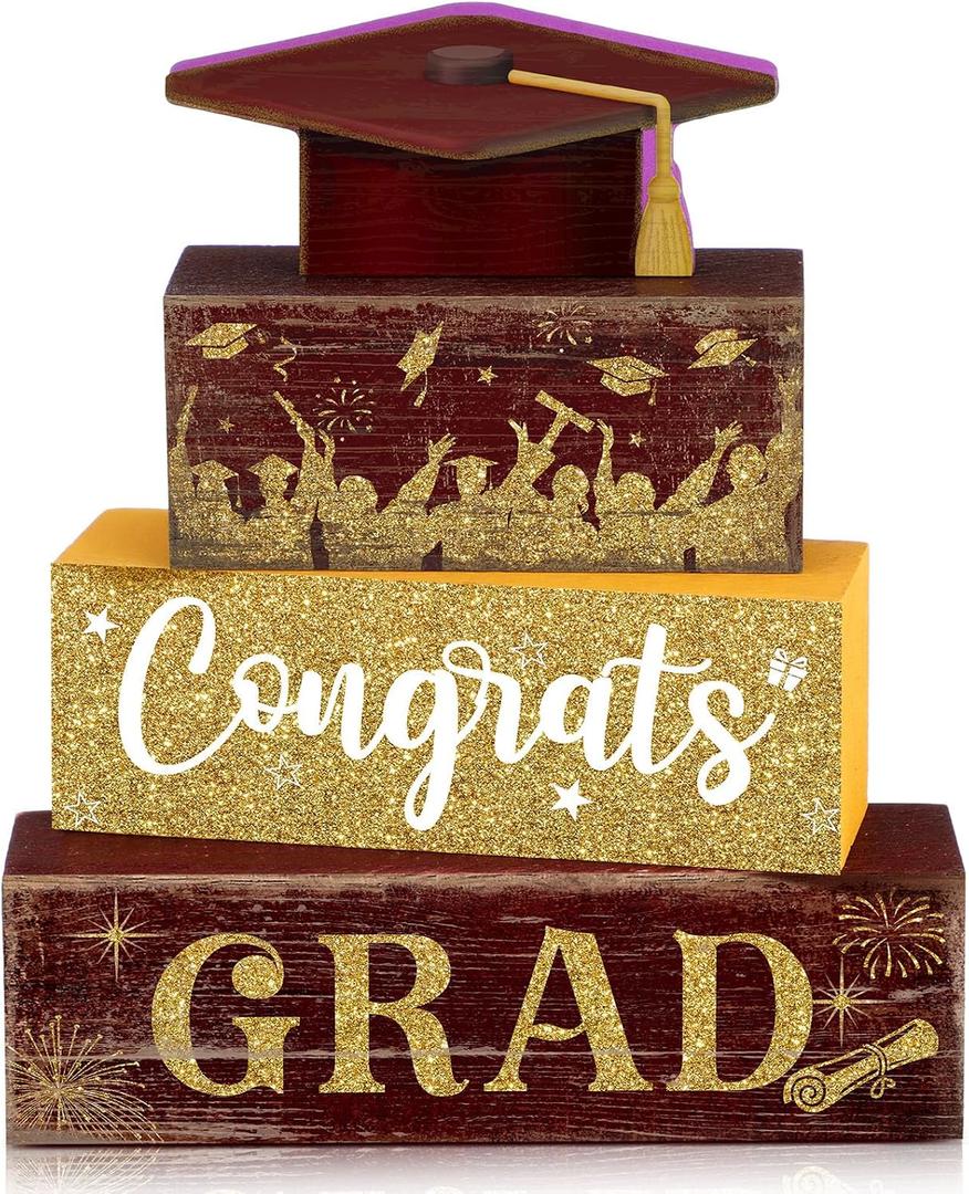 CroBlissful 4 Pcs Congrates 2026 Graduation Table Decorations Graduation Tiered Tray Decorations Red Gold Class of 2026 Wooden Block Centerpiece Sign Farmhouse Congratulate Gifts for Home Shelf