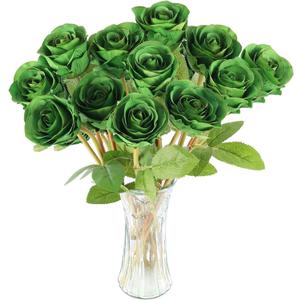 Hananona Artificial Roses Flowers for St. Patrick's Day，12 Pcs Silk Green Rose Bouquet for Spring Home Decoration, Green Faux Roses for Wedding