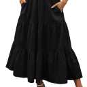 ANRABESS Womens Summer Boho Flowy Swing Tiered A-Line Maxi Skirt 2025 Fashion Trendy Elastic Waist Pleated Long Beach Dress (Medium, Black)