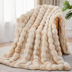 Faux Fur Throw Blanket, 1000GSM Fluffy Soft Bubble Blanket for Couch Bed, Cozy Plush Warm and Thick Blanket, Fuzzy Rabbit Throw for Living Room Bedroom 80''*90'' Tie-dye Brown (Queen, Camel)