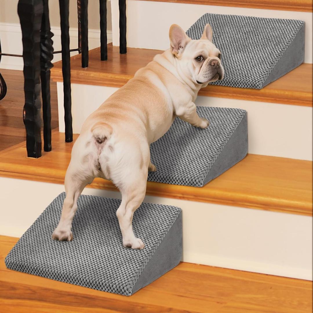 40D Dog & Cat Stair Steps Ranp for Steep Stairs - 3 Modular Non-Slip Treads to Help Small/Senior Pets Go Up & Down, Easy Install with Self-Sticky Pads, Suitable for Home Staircases, Grey (3-Pack)