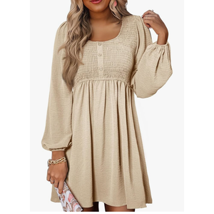 Dokotoo Womens 2025 Casual Dress Smocked Crewneck Button Up Long Sleeve Empire Waist A-Line Mini Dress Large