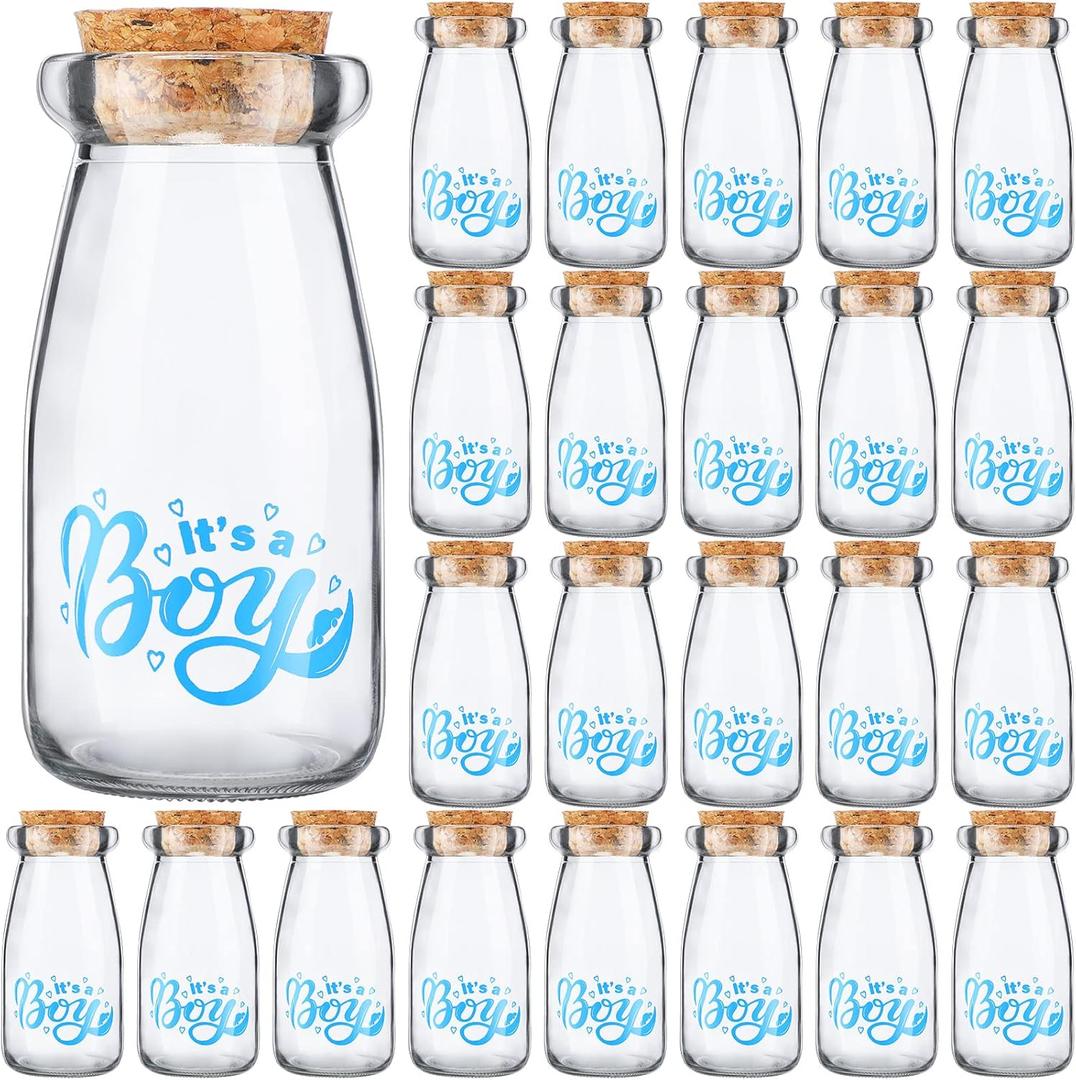 24 Pieces It's a Boy Baby Shower Party Favors Vintage Milk Favor Jars DIY Glass Milk Jars Bottles Blue Mini It's a Boy Sports Baby Shower Bottles with Cork for Guests Gender Reveal Centerpiece Decor