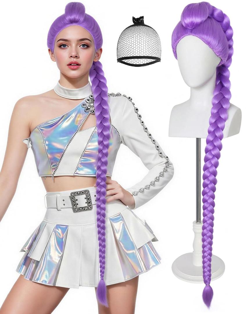Long Purple Braided Wig for Women Adults Long Purple Wigs with Thick Braided Singers Anime Cosplay Wigs for Stage Halloween Costume Outfit Party + Hair Cap