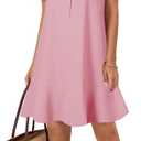 OPOIPIN Women's Collared V Neck Stripe Short Sleeve Button UP Ruffle Hem Shirt Tunic Mini Dress (Pink)
