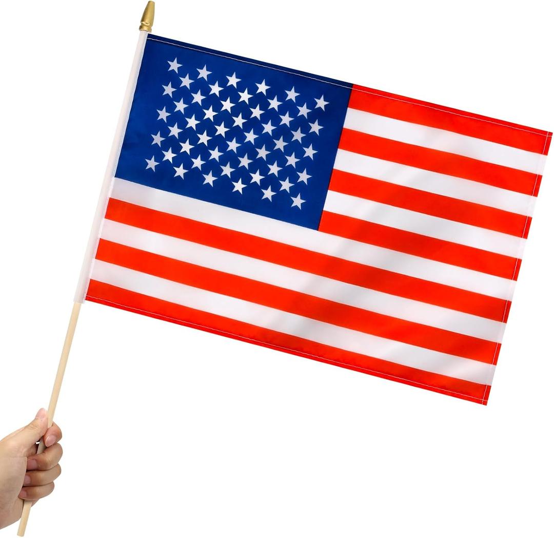 12 Pack US American Stick Flags Small 12x18 Inch USA Hand Held Flags with 24 Inch Wooden Pole for Yard,July 4th,Veteran Party,Memorial Day, Independence Day Decoration