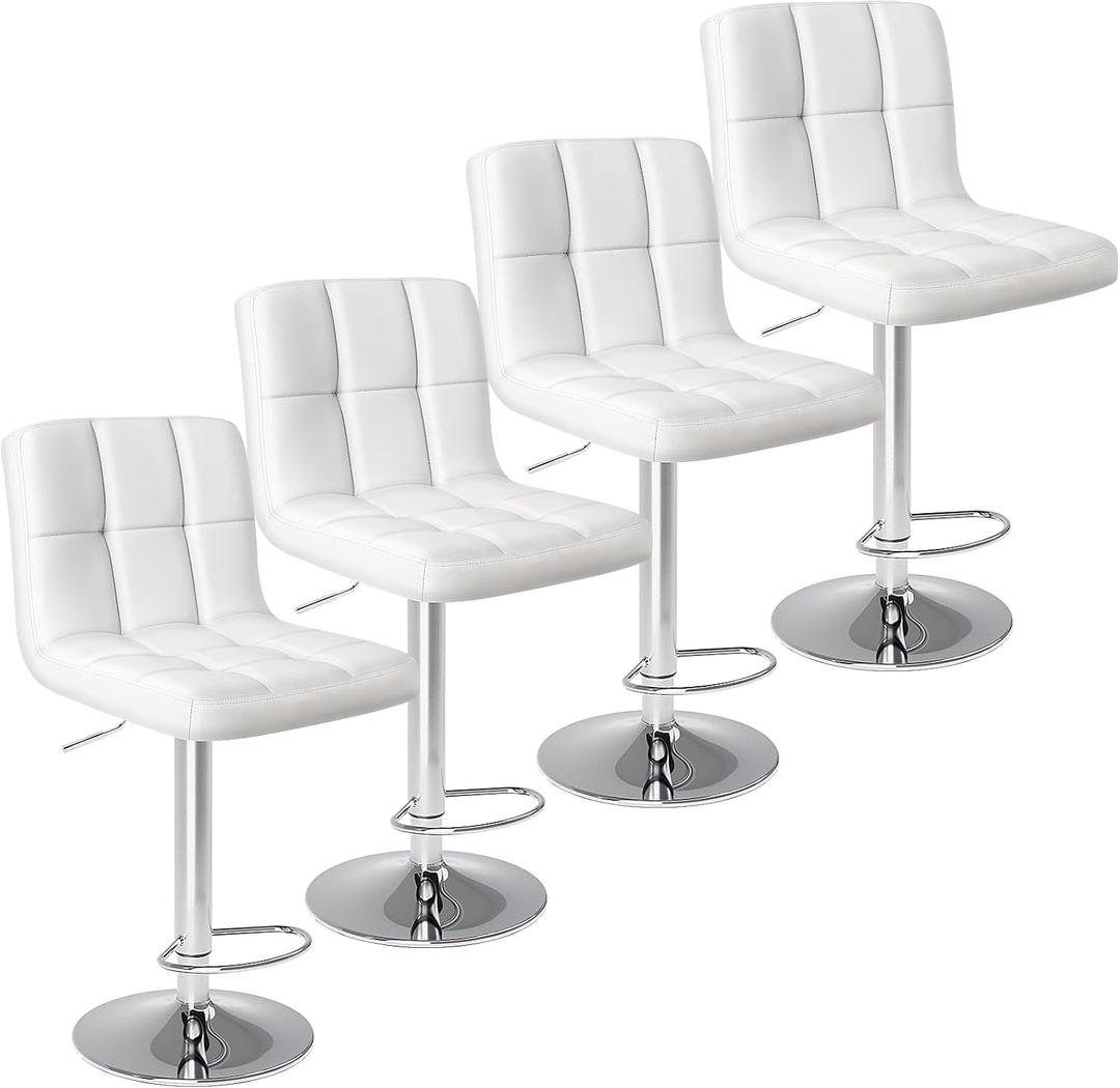 Sweetcrispy Bar Stools Set of 4, Armless PU Leather Adjustable Swivel Barstools, Hydraulic Kitchen Counter Height Thickened Seat Cushion Square Island Countertop Chairs with Back - Modern White
