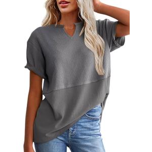 SHEWIN Womens Casual V Neck Waffle Knit Tops Short Sleeve T Shirts Loose Blouses (Gray, S)