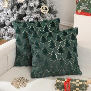 Christmas Pillow Covers 16x16 inch Set of 2,Christmas Pillows Tree Green Faux Fur Throw Pillow Covers,Winter Holiday Farmhouse Cushion Case Decoration for Sofa Couch