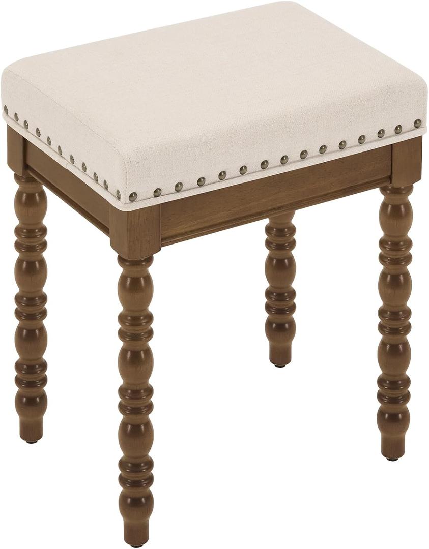 LUE BONA Vintage Vanity Chair with Spindle Solid Rubberwood Legs, 12.4"D x 16.3"W x 18.9"H