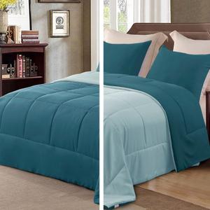 Exclusivo Mezcla Lightweight Reversible Twin Size Comforter Set, Down Alternative Comforter with 1 Pillow Sham, Twin Size Bedding Set for All Seasons, Dusty Teal/Aqua Blue