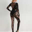Women Long Sleeve Floral Fishnet Jumpsuit(Black, Small/Medium)
