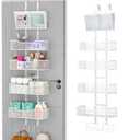 Hongtamoya Adjustable Over The Door Organizer, Hanging Door Storage with PVC Pocket and 4 Metal Baskets Wall Mount, Closet Door Organizer Behind Door Rack for Bathroom Bedroom Closet, White