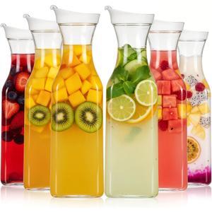 Kifmurase 6Pcs Plastic Water Carafe with Flip Top Lid, 50 Oz Square Base Clear Plastic Juice Container Pitcher, Milk Bottle, Clear Beverage Containers for Water, Iced Tea, Juice, Beverage, Milk