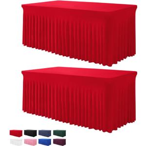 BDDC Table Skirts for Rectangle Tables 6ft - 2 Pack One-Piece Red Tablecloths and Skirt, Wrinkle Resistant Ruffles Elastic Cover for Banquets, Weddings, Events, Parties