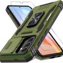DEERLAMN Case for Samsung Galaxy A36 5G,Galaxy A56 Case with Slide Camera Cover+Screen Protector, Rotated Ring Kickstand Military Grade Shockproof Protective Cover-Olive Green