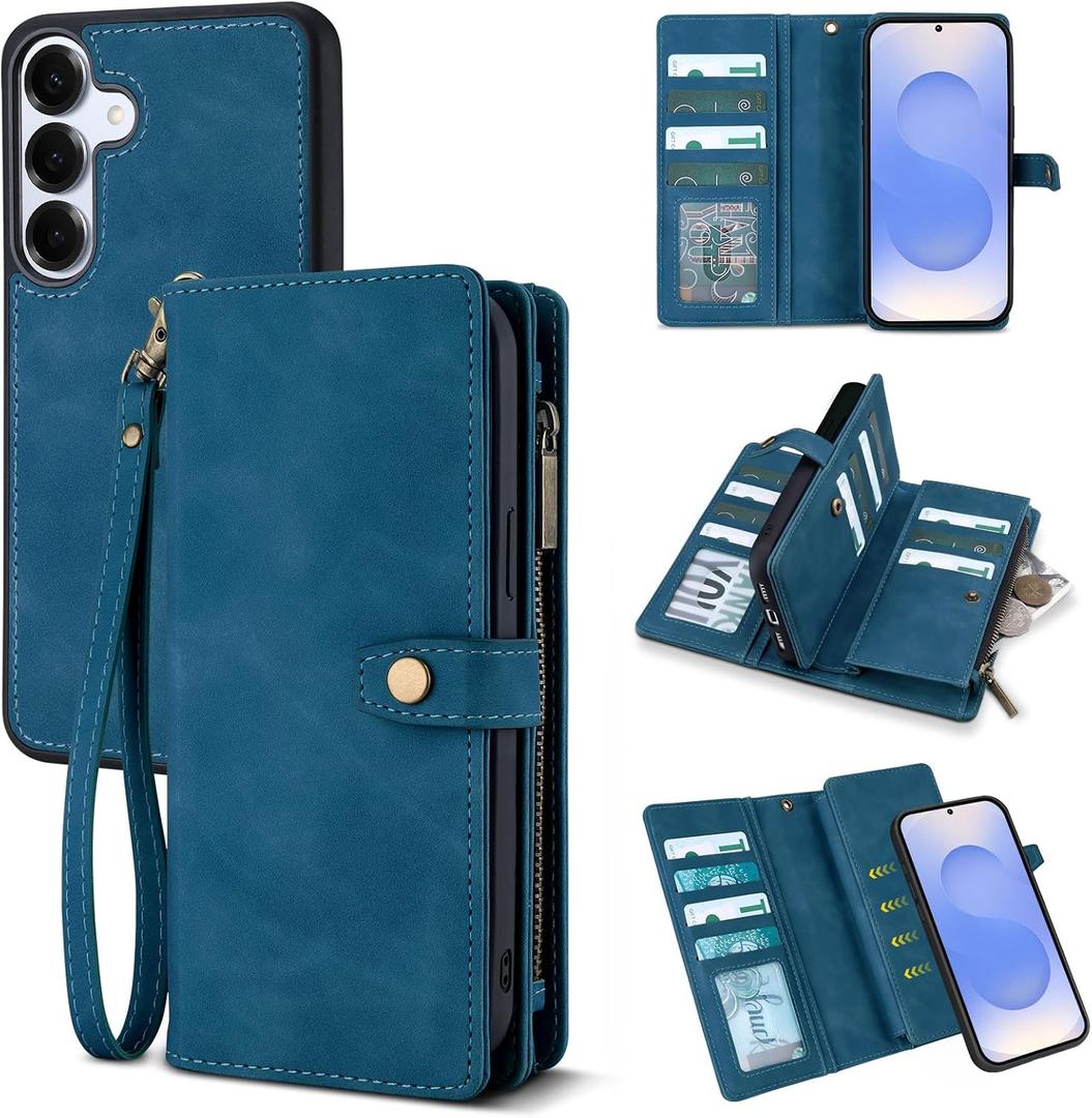 TwoHead for Samsung Galaxy S25 Wallet Case with Card Holder, Detachable Magnetic Phone Case for S25,PU Leather All-Round Protective Phone Case Wallet with Wrist Strap(6.2 in,Navy Blue)