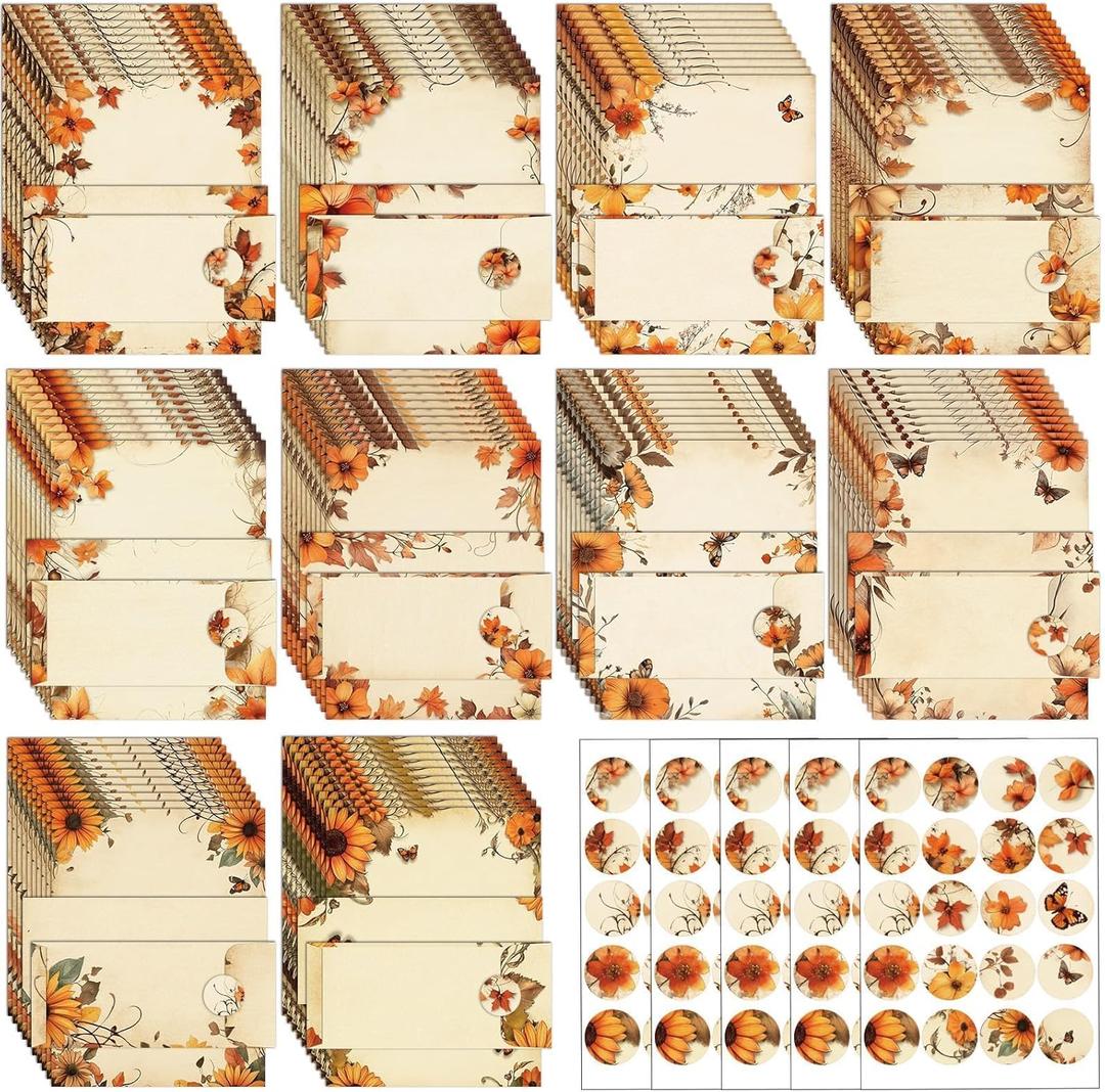 250Pcs Fall Thanksgiving Stationery Paper and Envelope Set with 100 Letterhead Papers and 50 Envelopes, 10 Design for Letter Writing Invitations Computer Holidays Party Notes, 8.5x11 Inch-Leaf