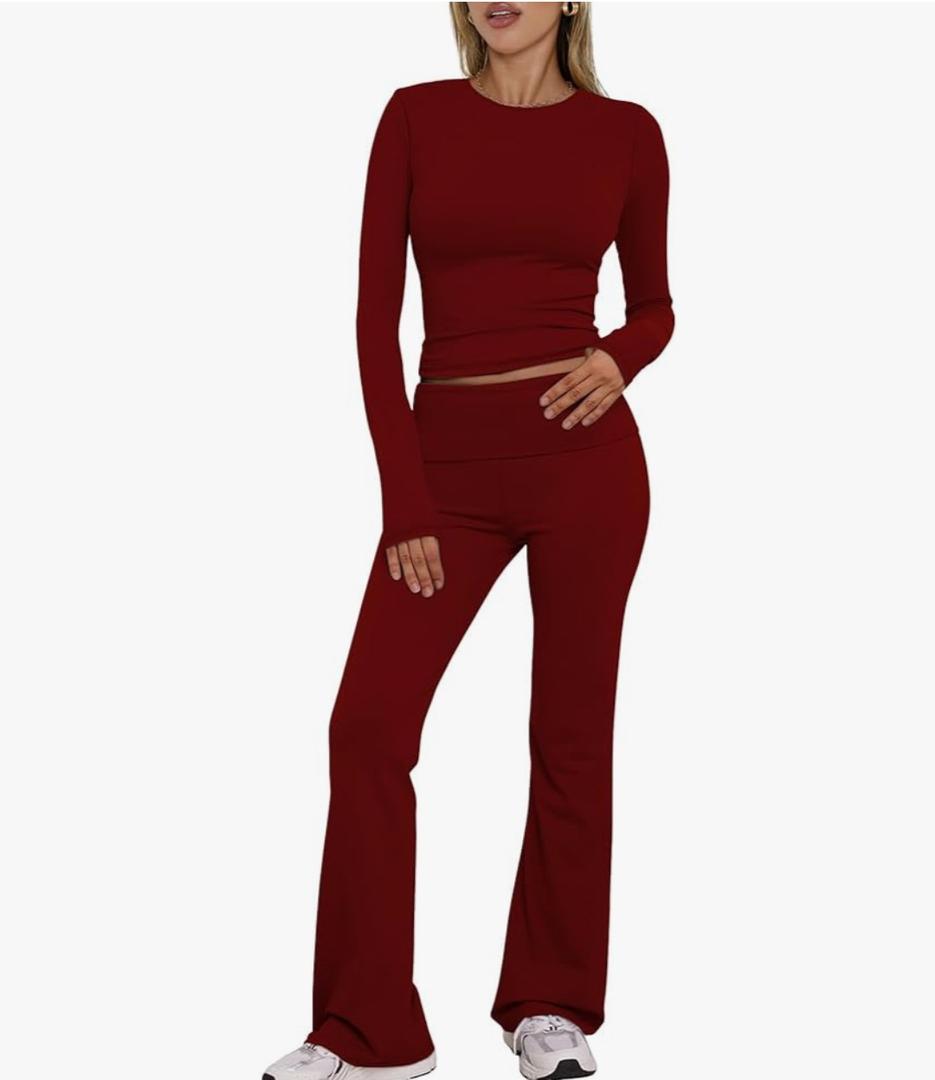 Women's Workout 2 Piece Lounge Sets Long Sleeve Tops Foldover Flare Pants Casual Outfits Tracksuit. Wine Red M
