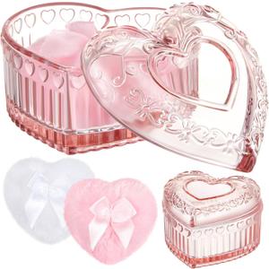 Tioncy 3 Pcs Large Body Powder Puff and Container Mother's Day Gift Powder Container with Puff Crystal Case Soft Washable Reusable Velour Face Body Glitter Wet Dry Makeup (Pink, Heart)
