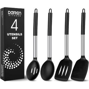 Pack of 4 Large Silicone Cooking Spatulas and Spoons, Slotted and Solid Stainless Steel Cooking Utensils Set, Non-stick Heat Resistant Kitchen for Baking, Fried, Stir-Fry, Mixing, Serving (Black)
