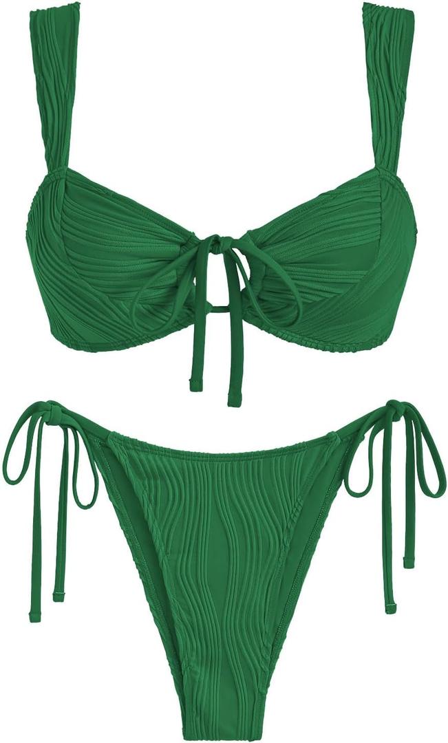 ZAFUL Women's Cinched Bikini Solid Color Wave Textured Knotted Tied Side Two Piece Swimsuit Bathing Suits (Deep Green, S)