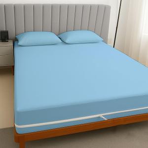 Full 1 PC Zipper Fitted Sheet, Brushed Premium Quality Microfiber, Soft Shrinkage and Fade Resistant Bottom Sheet fits Upto 16 Inch Deep Pocket, Zipper Mattress Cover, Light Blue