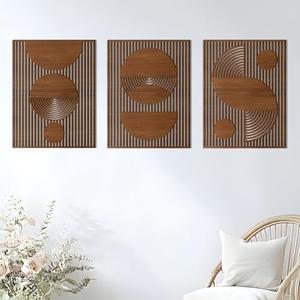 Homenthus 3 Pcs Abstract Wood Wall Art, Mid Century Modern Geometric Wood Wall Decor Minimalist Wooden Wall Art Decor Panels for Boho Living Room Bedroom Kitchen Dining Room Office Home Wall Decor