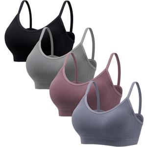 Angelhood Sports Cami Bras Pack for Women - Basic V-Neck Padded Seamless Bras with No Underwire (Large, Black/Gray/Mauve/Airy Blue)
