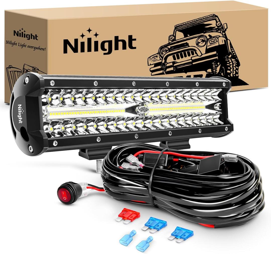 Nilight ZH411-A 12Inch 12 Inch 300W Triple Row Flood Spot Combo 30000LM Led Off Road Lights for Trucks with 16AWG Wiring Harness Kit