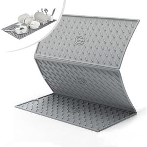 Dish Drying Mat, Silicone Drying Mat for Kitchen Counter, Collapsible Trifold Large Silicone Drying Mat, Dish Pads for Drying Multiple Usage, Easy Clean, Heat-Resistant, BPA Free(2416in) (Gray-with pattern)