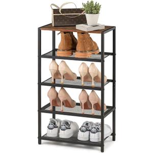 Narrow Shoe Rack for Front Door Entrance, Entryway, and Closet Shoe Organizer with 4 Sturdy Metal Mesh Shelves and Wooden Top, Holds 10 Pairs, Ideal for Storage or Display